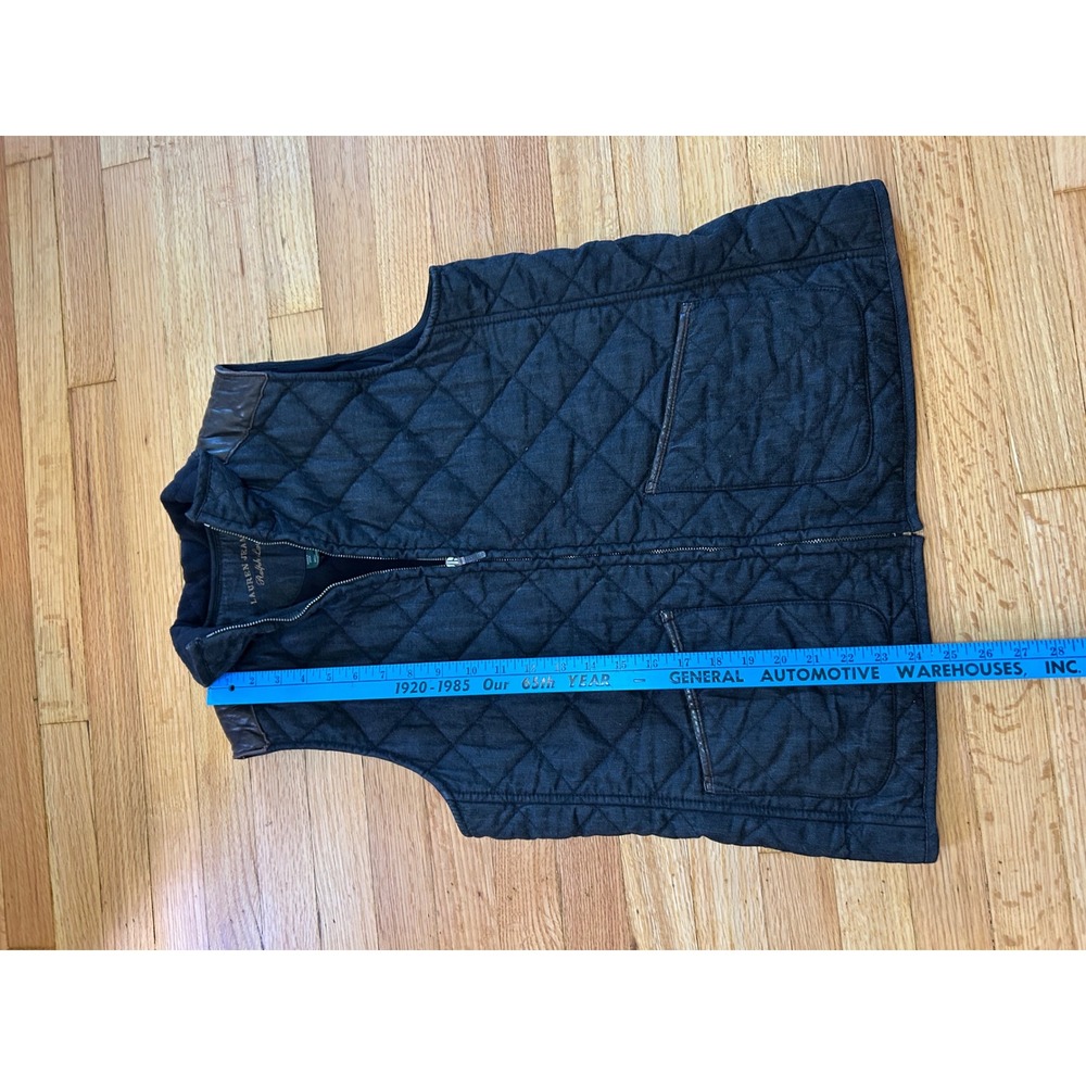 Lauren Ralph Lauren Quilted Denim Vest Leather Trim Fleece Lined Black L - Picture 4 of 8